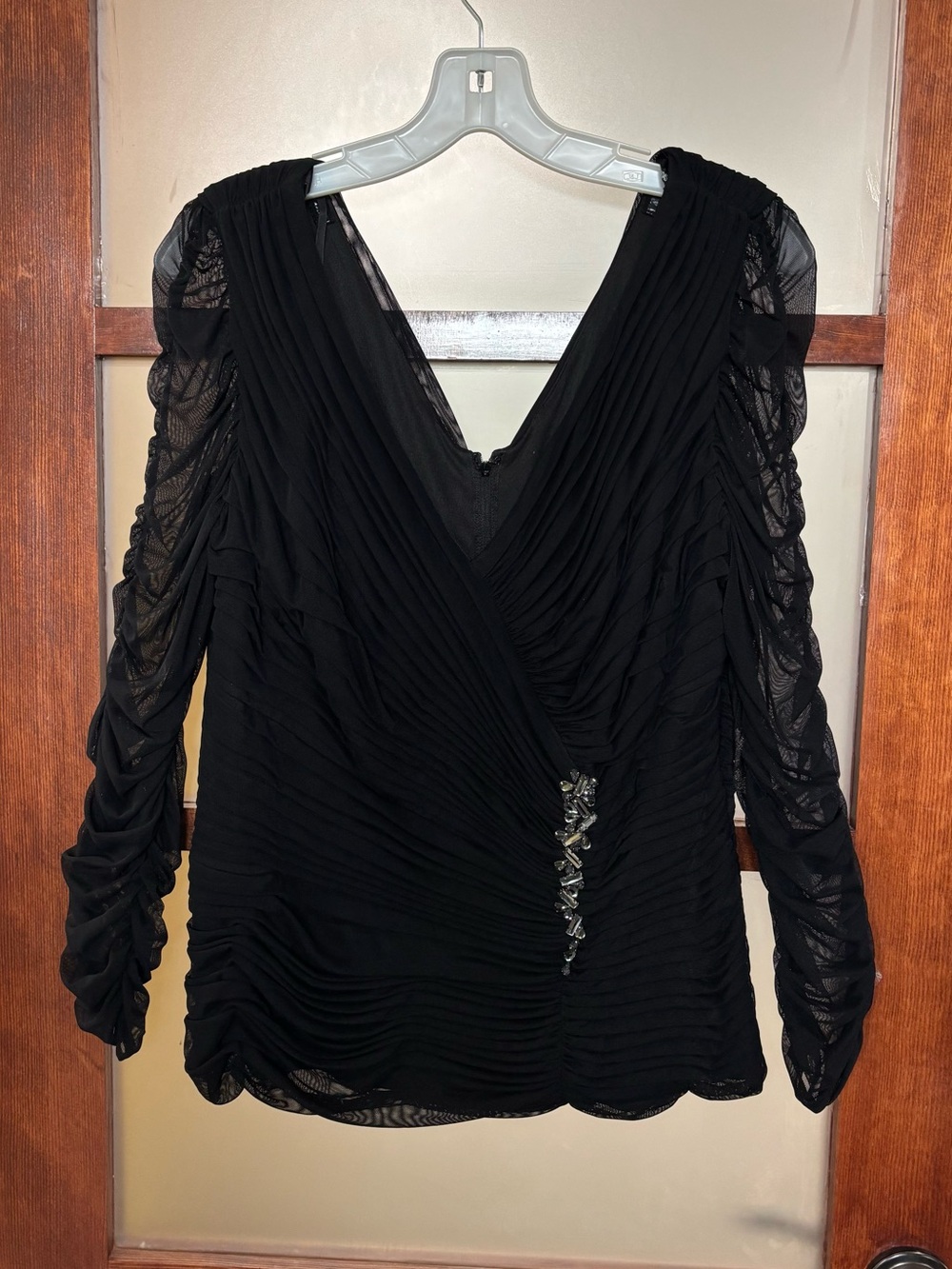 Tadashi Shoji Black Ruched V-Neck Blouse with Embellished Detail